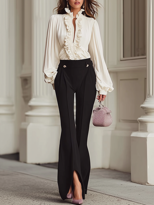 Chic Puff Sleeve Ruffle Blouse & Split Hem Pants Set