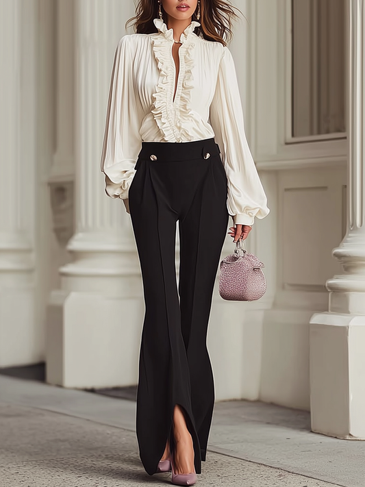 Chic Puff Sleeve Ruffle Blouse & Split Hem Pants Set