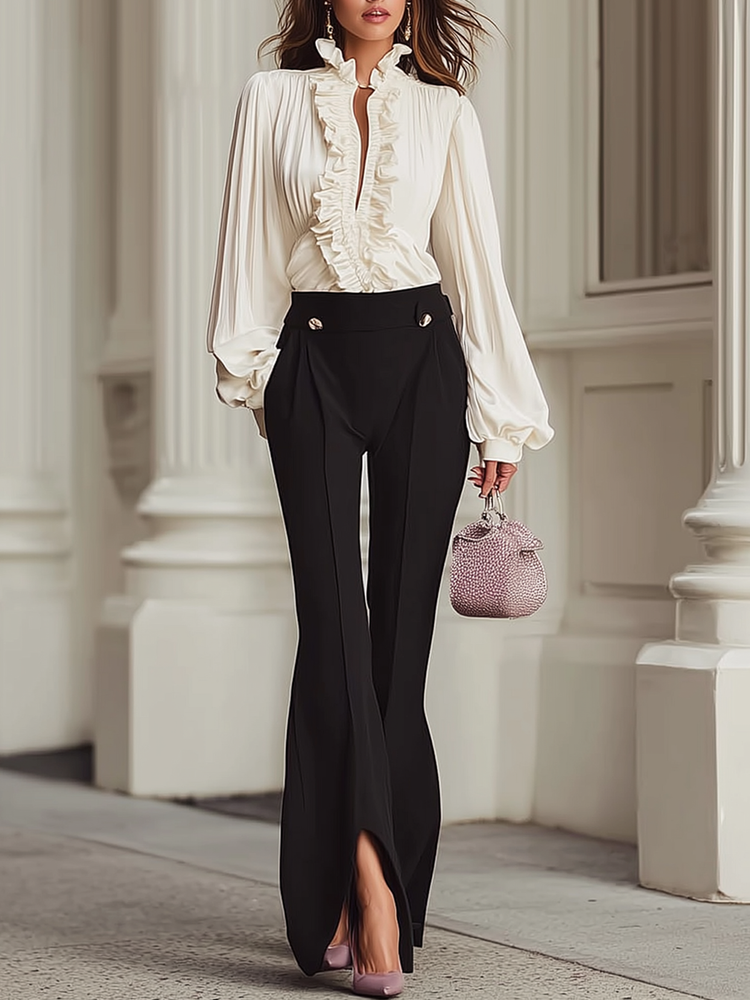 Chic Puff Sleeve Ruffle Blouse & Split Hem Pants Set