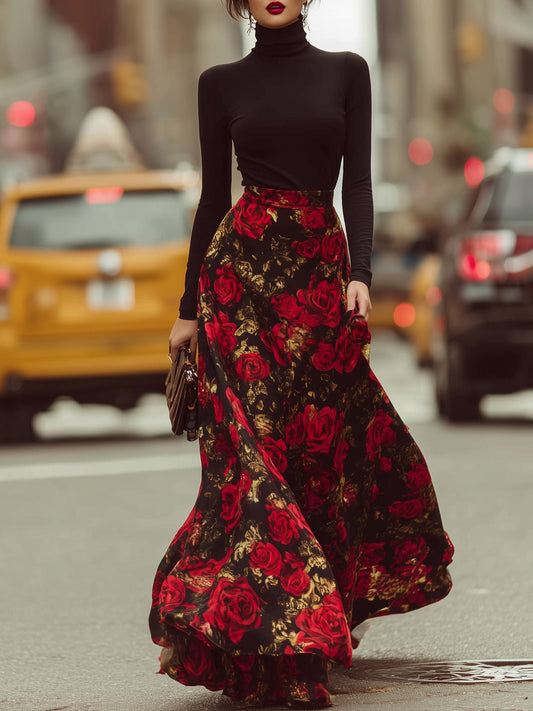 Black Turtleneck Red Floral Print Maxi Skirt Two Piece