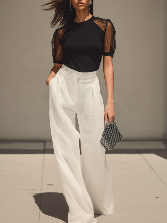 Chic Contrast Sheer Sleeve Top & High-Waist Pants Set