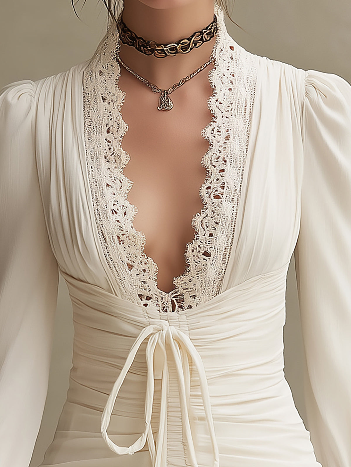 Elegant Deep V-Neck Dress - Cream with Crochet Lace Detail