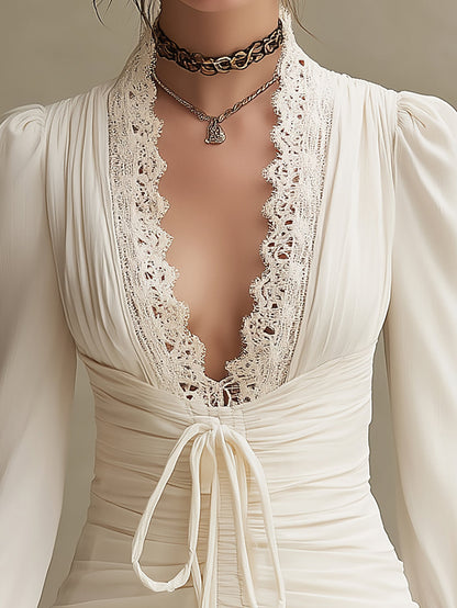 Elegant Deep V-Neck Dress - Cream with Crochet Lace Detail