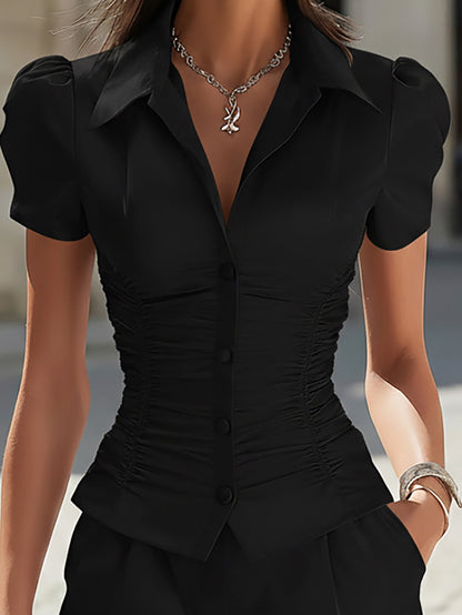 Black Satin Ruched Blouse & Shorts Set - Elegant 2-Piece